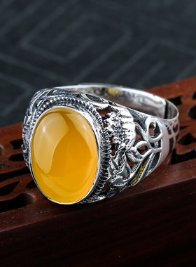 镶嵌蜜蜡琥珀活口南红戒指定制