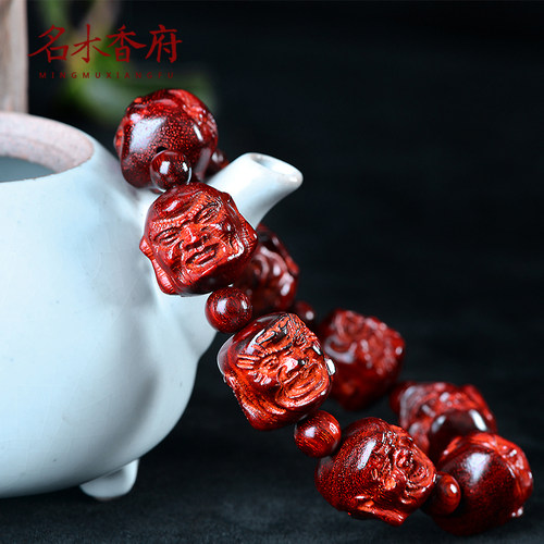 印度小叶紫檀手串高密度老料精雕紫檀喜怒哀乐十八罗汉佛珠手链 - 图0