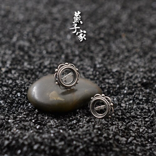 燕子家925银针式耳环空托琥珀蜜蜡珍珠diy未镶嵌复古纯银耳钉托 - 图1