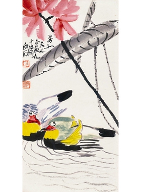国画字画客厅现代新中式装饰画非手绘仿真迹齐白石荷花鸳鸯赠装裱