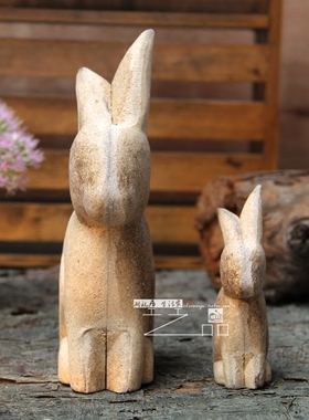 zakka木质做旧兔子diy素材摆件