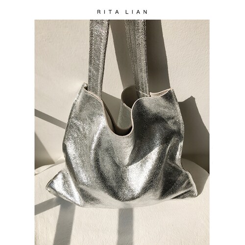 RitaLian原创设计托特包 极简随性休闲运动大容量银色单肩小众包 - 图2