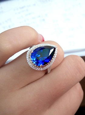 蓝宝石戒指925纯银镶嵌克拉水滴彩宝坦桑色珠宝指环镀18K金女