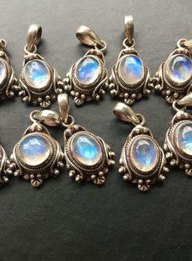 尼泊尔通透蓝光复古925银吊坠