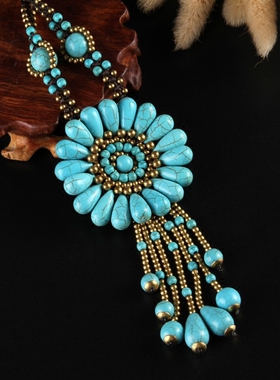 长款民族风松石吊坠装饰毛衣链