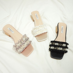 一字带方头低跟半拖鞋