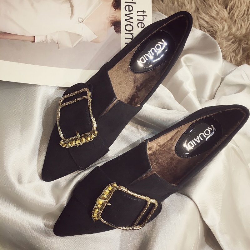 尖头平底鞋女鞋秋季2023新款百搭韩版潮水钻单鞋深口加绒女鞋黑色,淘宝优惠券,粉丝福利购,淘宝优惠卷
