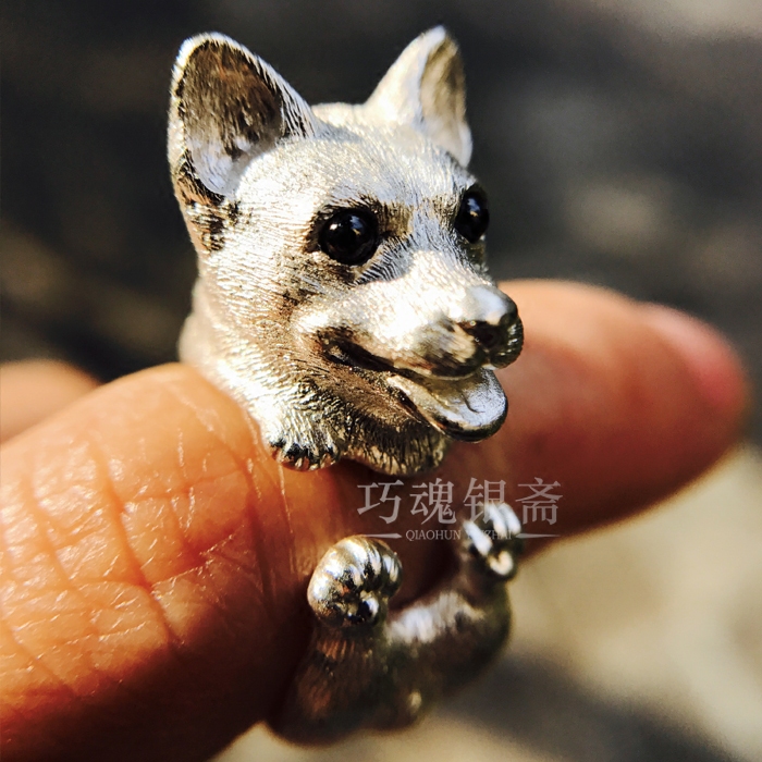 原创设计纯手工萌柯基犬纯银开口动物狗戒指环情侣