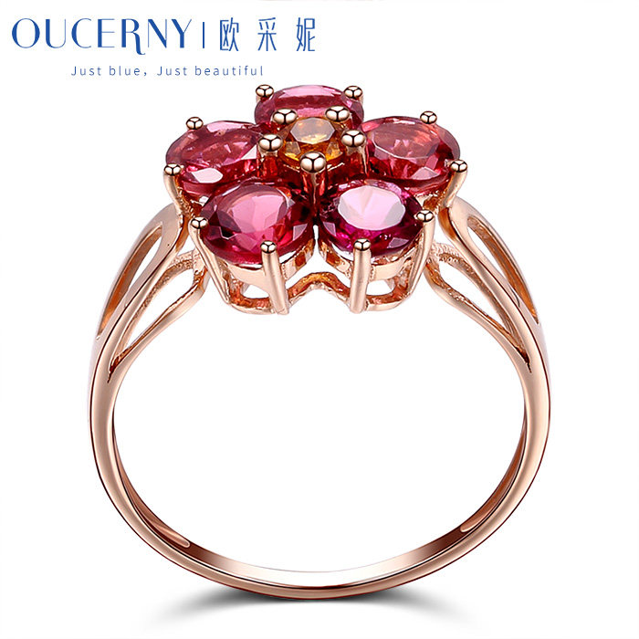 欧采妮红碧玺花瓣18k玫瑰金女戒 oucerny欧采妮手饰