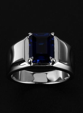 精工纯银镀白金蓝宝石戒指男高级