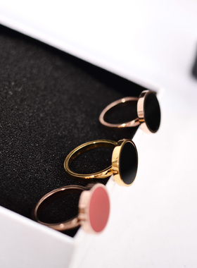 欧美黑色圆牌戒指女款18k日韩版