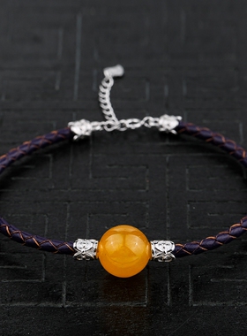 diy圆珠配件蜡皮绳托925银琥珀