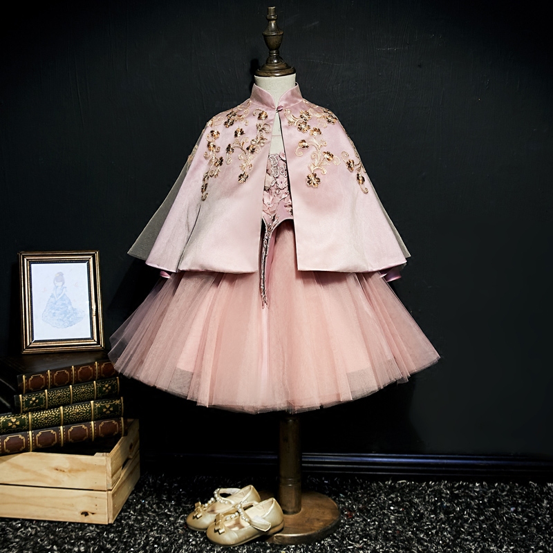 2020儿童粉色蓬蓬女童配披肩小礼服 西卡努儿童礼服