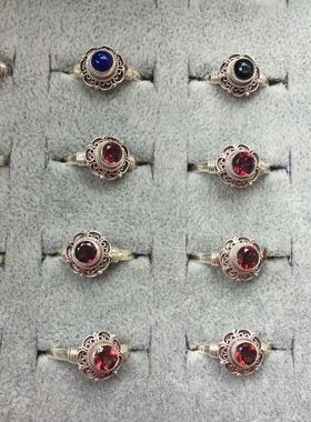 尼泊尔天然925银花边石榴石戒指