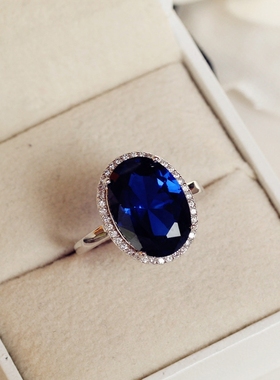 水晶蓝宝石韩国复古爱心方形戒指