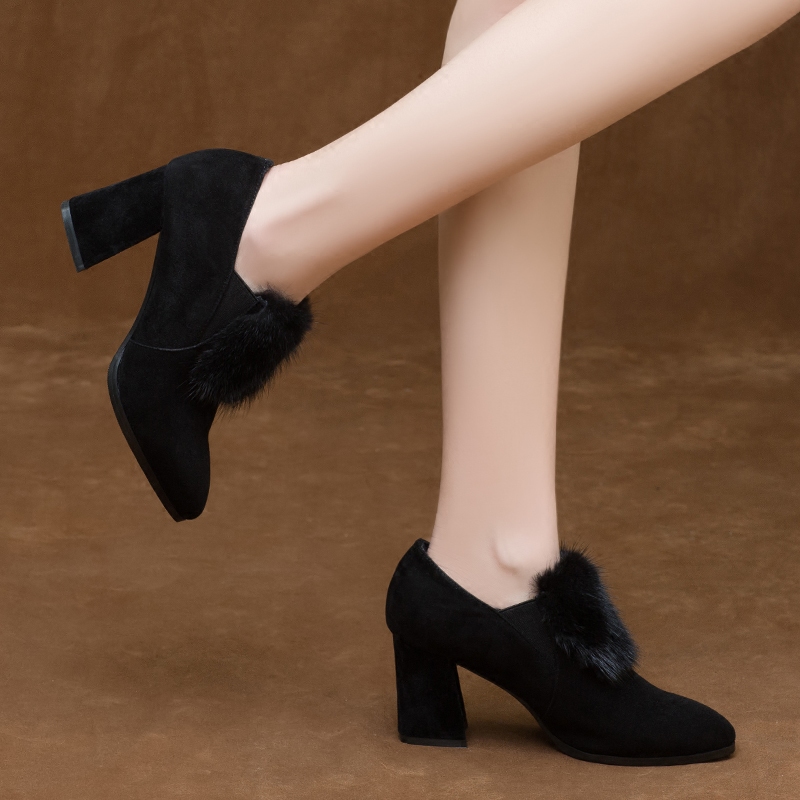 貂毛高跟鞋2025新款秋冬季磨砂粗跟深口单鞋毛毛鞋加绒女鞋真皮鞋,淘宝优惠券,粉丝福利购,淘宝优惠卷