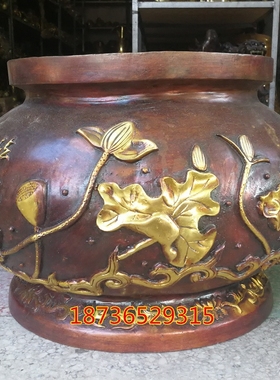 风水铜器大号纯铜香炉佛字香炉 荷花香炉招财镇宅铜聚宝盆缸摆件