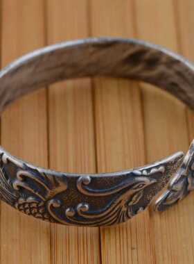 镜星辰 S925纯银仿古做旧女款开口镯 凤穿牡丹手镯 开口凤凰手镯