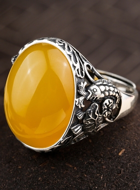 925银大气琥珀绿松石戒指空托