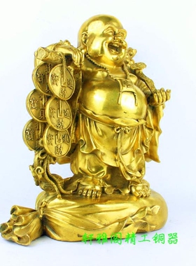 纯铜弥勒佛挑钱佛铜挑金币佛黄金袋佛现代摆放家居饰办公室桌面摆