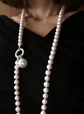 天然淡水7-8近圆925银镶钻毛衣链