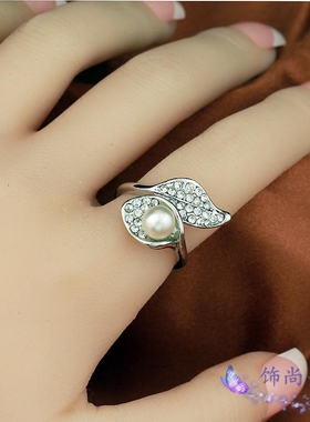 韩国银色珍珠百合花学生戒指