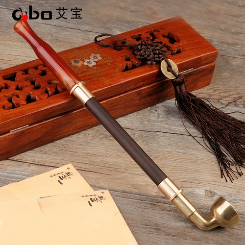 Старый стиль чистый медный сухой дым мешок для котла мужчина из сандалового дерева с твердым деревом с твердым деревом Длинной агат рот табак, дым с борьбой с табаком