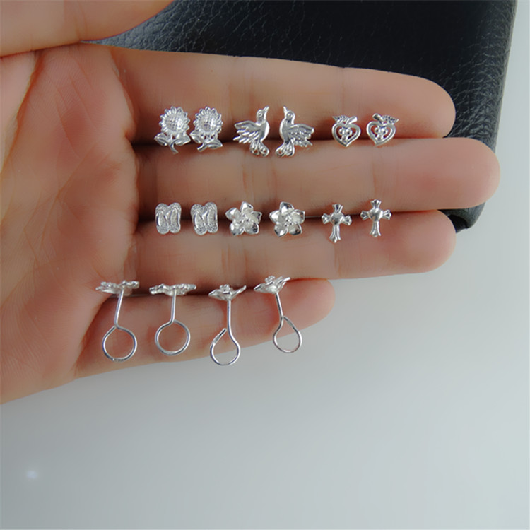 谢家银匠99银耳钉 女 99足银钩 向日葵紫荆花弯钩耳钉 - 图0