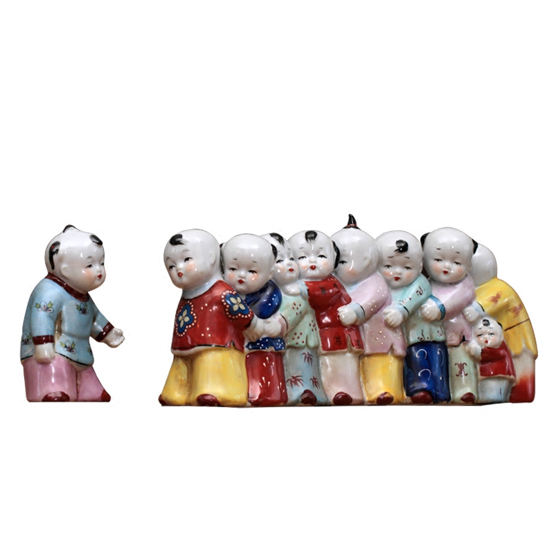 复古做旧中国风陶瓷娃娃摆件创意老鹰抓小鸡客厅桌面装饰品 - 图0
