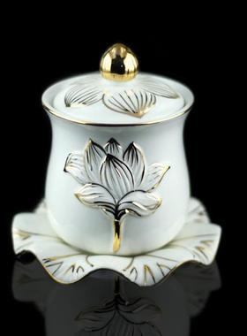 陶瓷白玉杯三件套浮雕描金供水杯