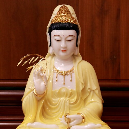 汉白玉黄釉圆满观音佛像家用供奉娑婆三圣观音菩萨坐像客厅摆件 - 图0