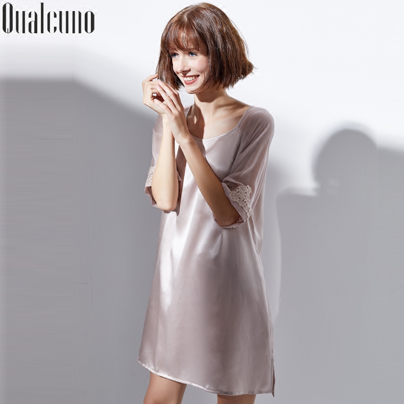 qualcuno夏季中袖桑蚕丝纯色睡裙 qualcuno睡裙