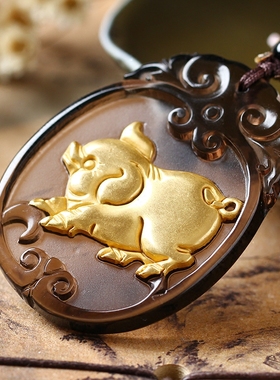 喜柿连猪镀金黑曜石生肖吊坠玉猪吉祥物猪型猪形饰品男女