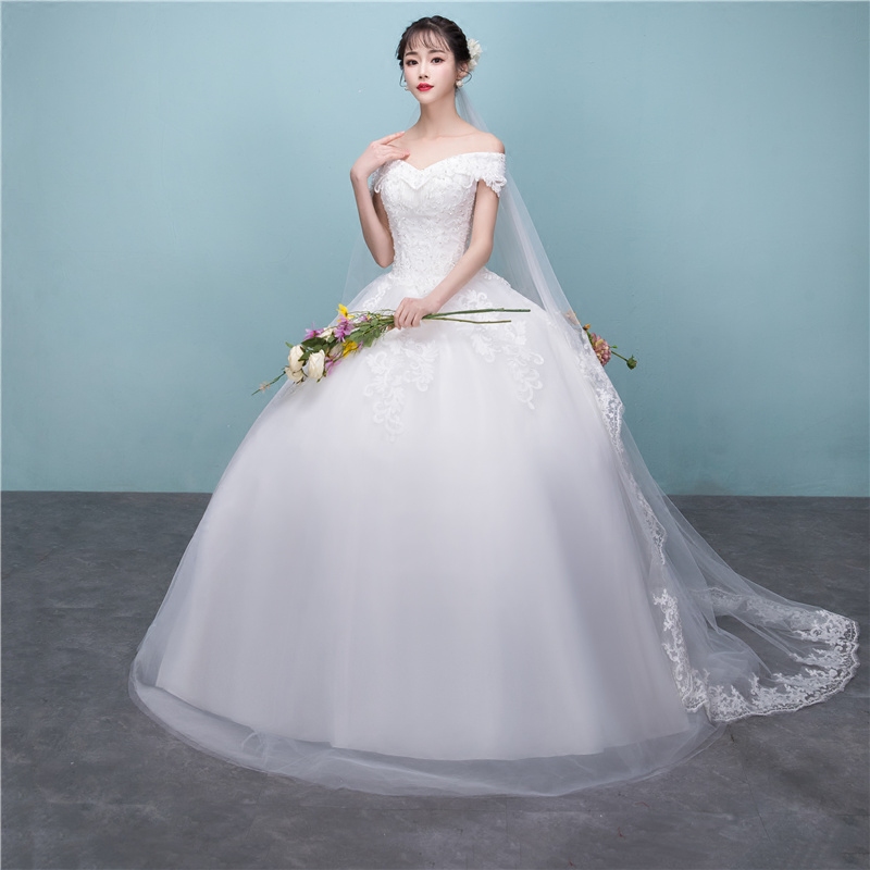 美加彩旗舰店轻主婚纱礼服新娘结婚新款森系超仙梦幻拖尾简约一字肩齐地女0