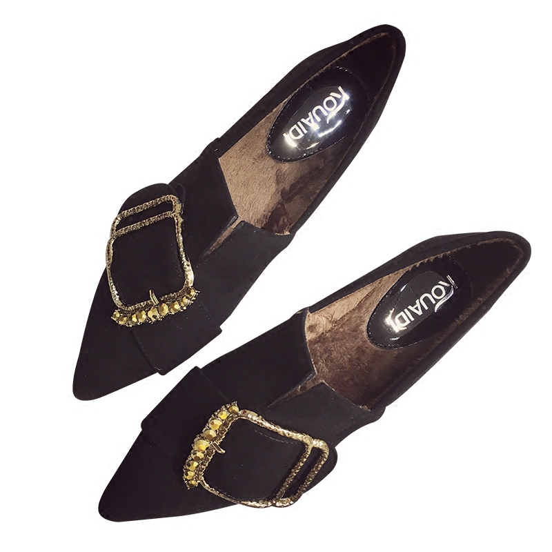 尖头平底鞋女鞋秋季2023新款百搭韩版潮水钻单鞋深口加绒女鞋黑色,淘宝优惠券,粉丝福利购,淘宝优惠卷