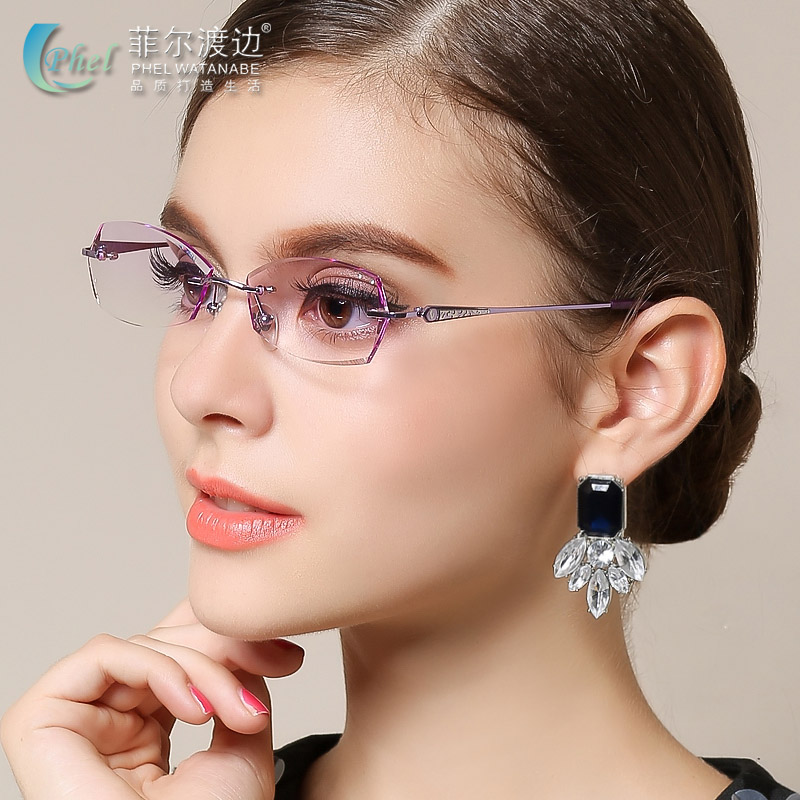 钻石切边近视眼镜镶钻女款无框钛架近视眼镜框眼镜架含镜片T229-图1