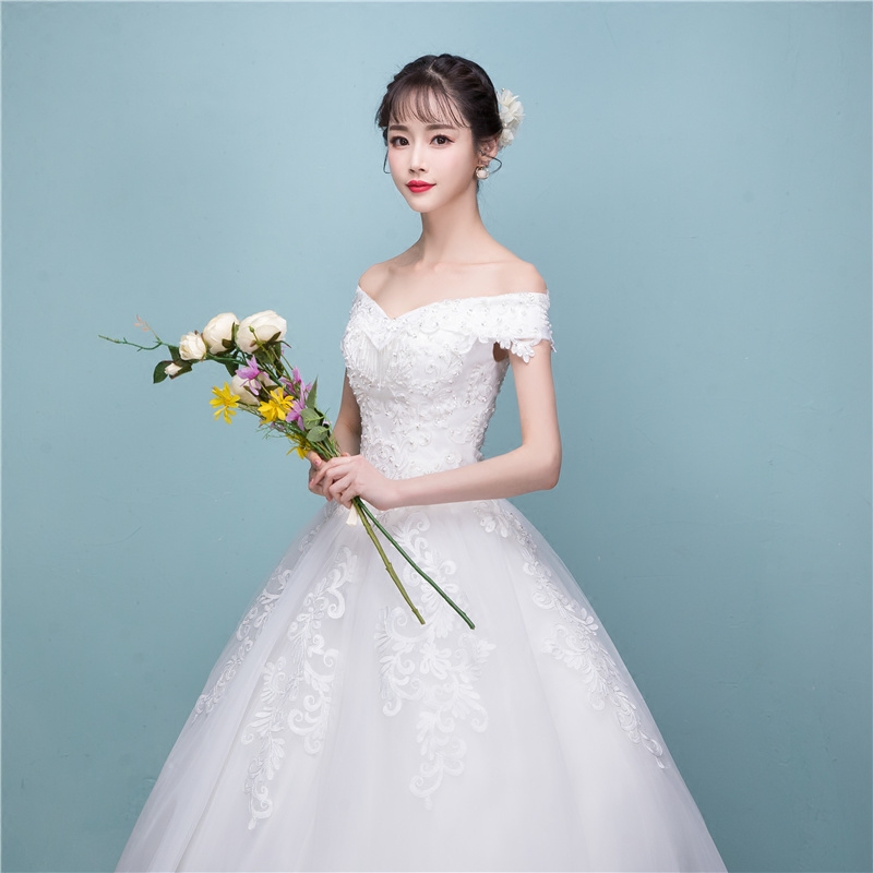 美加彩旗舰店轻主婚纱礼服新娘结婚新款森系超仙梦幻拖尾简约一字肩齐地女1
