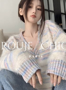 法国Rouje Chic法式减龄马海毛条纹V领针织衫女秋冬季温柔风毛衣