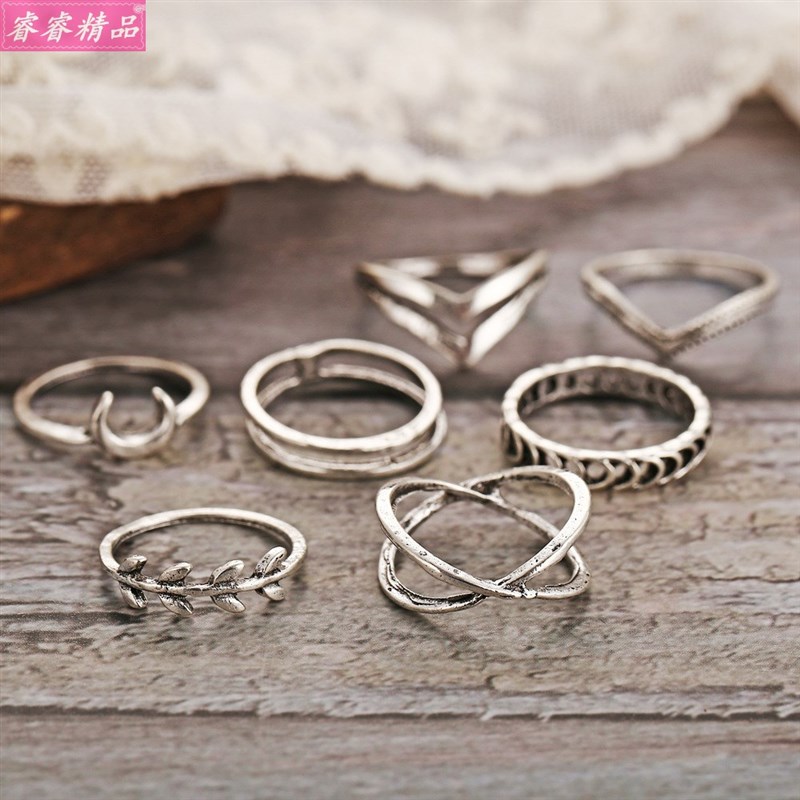 推荐7pcs Moon Cross Rings Vintage Simple Joint Ring jewelry - 图1