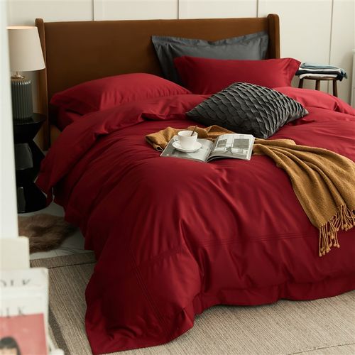 北欧轻奢风100支全棉滚边刺绣红色被套纯棉床单结婚庆床品四件套 - 图1