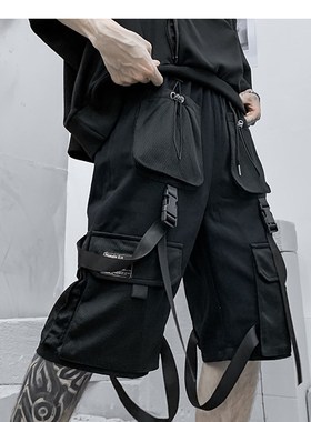 现货Men summer ribbons hip hop cargo shortMs casual setwear