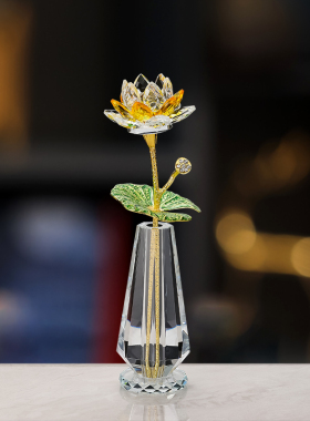 水晶玻璃莲花摆件家居中式桌面中式室内客厅P店铺柜台装饰品花瓶