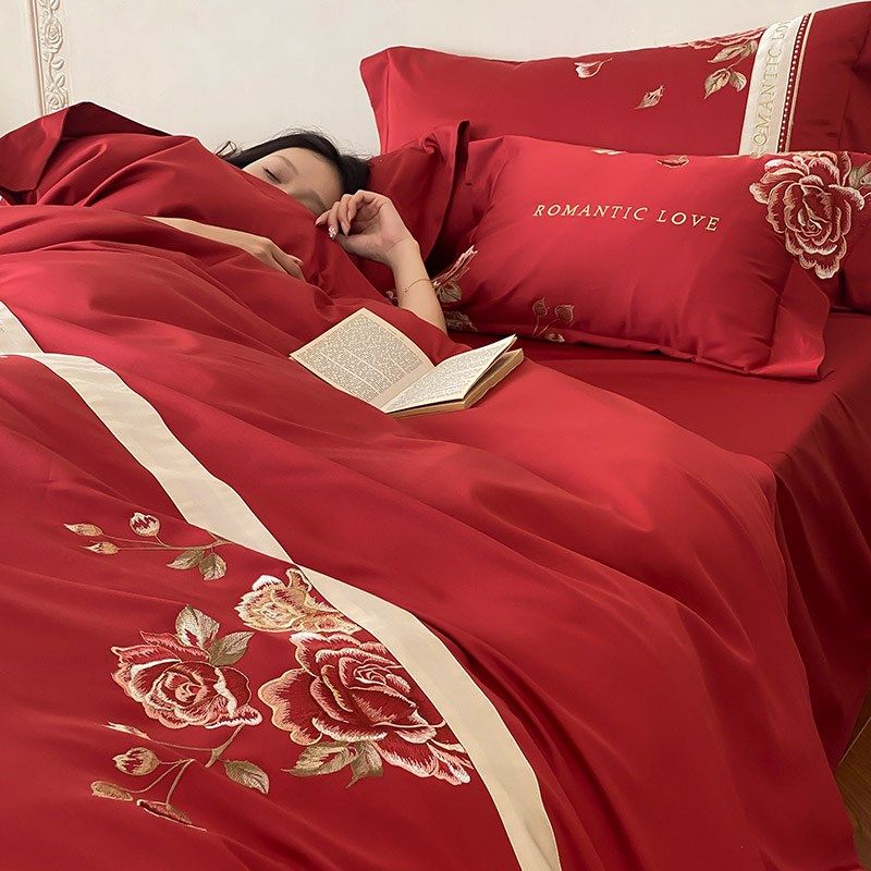 韩式婚庆高支高密长绒棉四件套浪漫花卉刺绣全棉结婚被套床上用品,淘宝优惠券,粉丝福利购,淘宝优惠卷