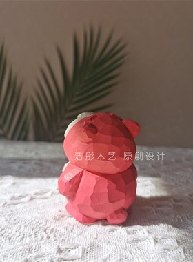 手工木刻粉色爱心熊摆件女生桌面工位车载送闺蜜男女朋友创意礼物