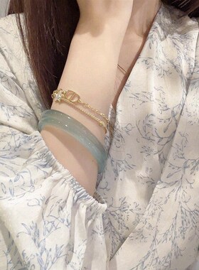 现货天然半山半水冰种玛瑙油青手镯细美人条玉髓翡翠镯叮当镯一对