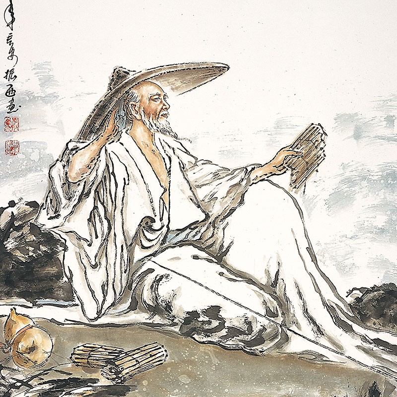 新品姜太公钓鱼图卷轴画渔具店装饰画姜子牙人物画客厅书房丝绸画 - 图2