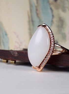 和田碧玉戒指女款925银鹅蛋面男女款指环戒指活口椭圆形白玉戒指