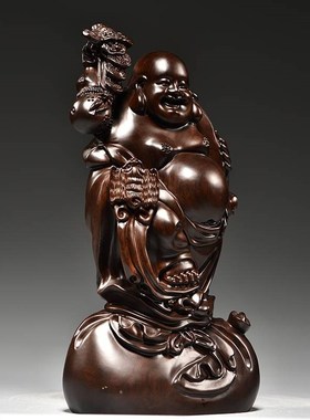黑檀木雕弥勒佛像摆件大号实木质雕刻笑佛家居客厅玄关红木工艺品