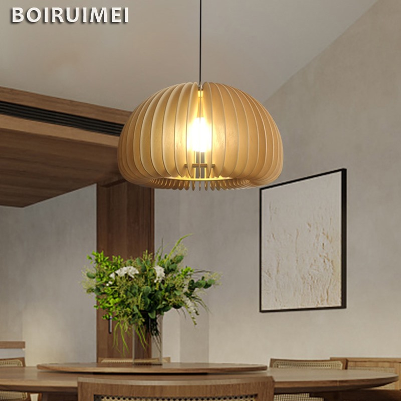 推荐Modern Wood Pendant Lights Solid Wood Pumpkin Bedside - 图0