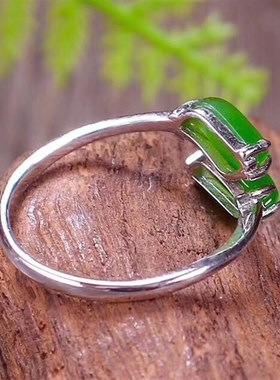 925银饰品 天然和田碧玉w银镶蛋面柳叶戒指情侣指环戒子开口可调